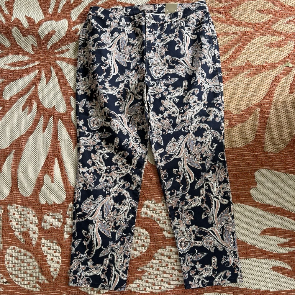 Chicos Ankle Girlfriend Blue Paisley Print Crop Jeans New Sz 2.5 (14) A3810